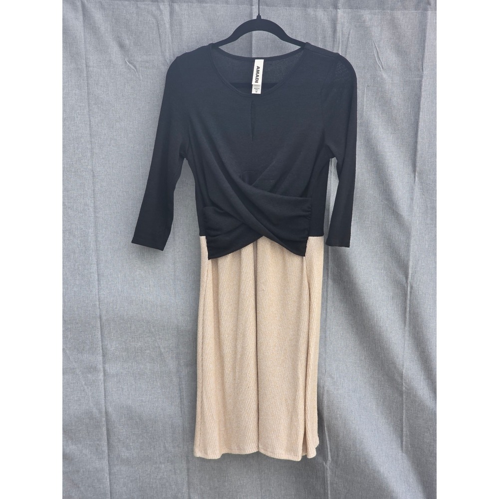 Amadi Black Beige Colorblock Knit Wrap Midi Dress 3/4 Sleeve Size M Made in USA